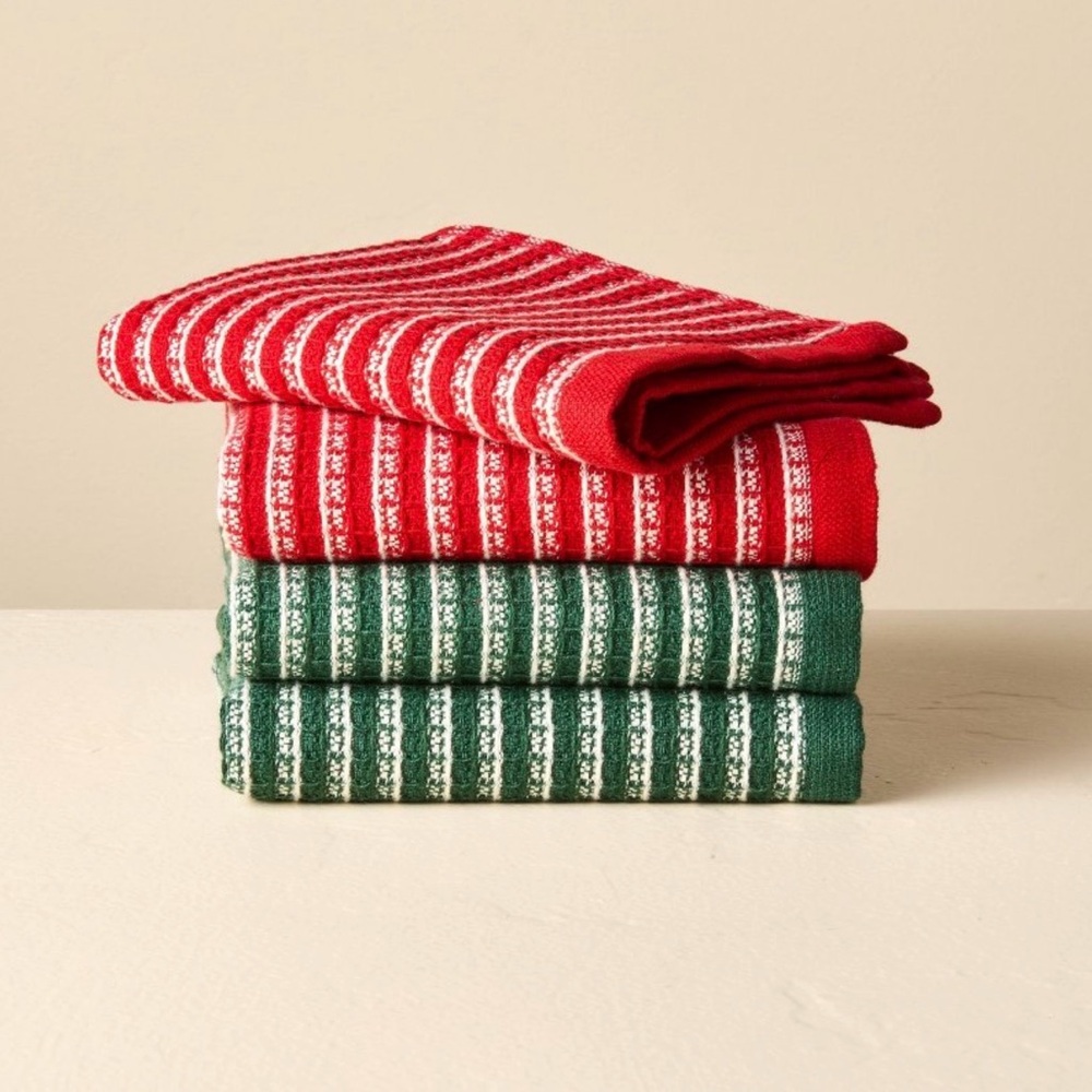 Set of 4 Dish Cloths Red/Green Hearth & Hand with Magnolia Christmas Holiday